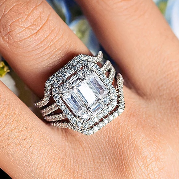 Diamonique Bridal Ring 3 Piece Set Baguette Round & Pave stones sz 9 sterling - Picture 1 of 11